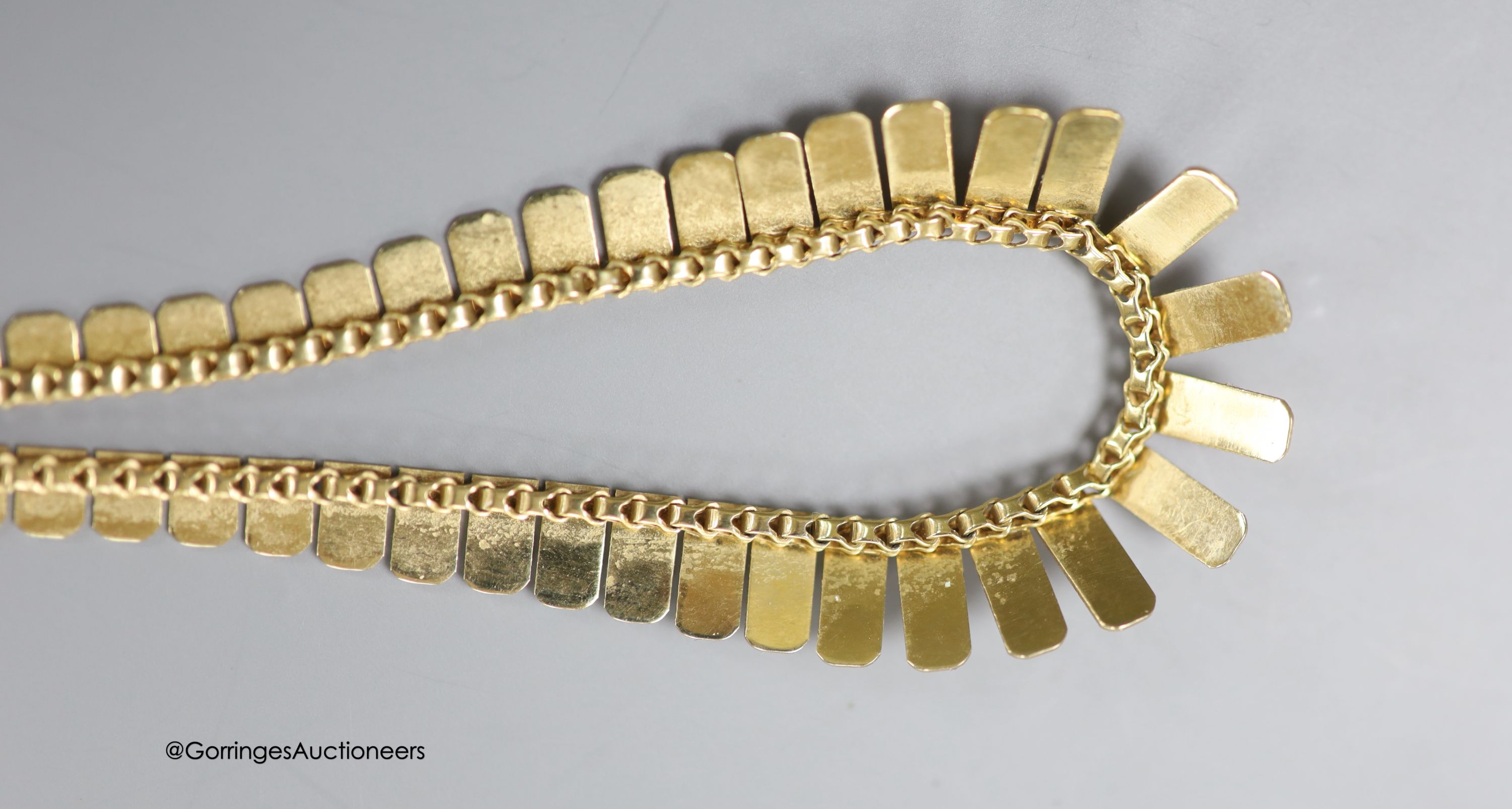 A modern 9ct gold fringe necklace, 42cm, 19.3 grams.